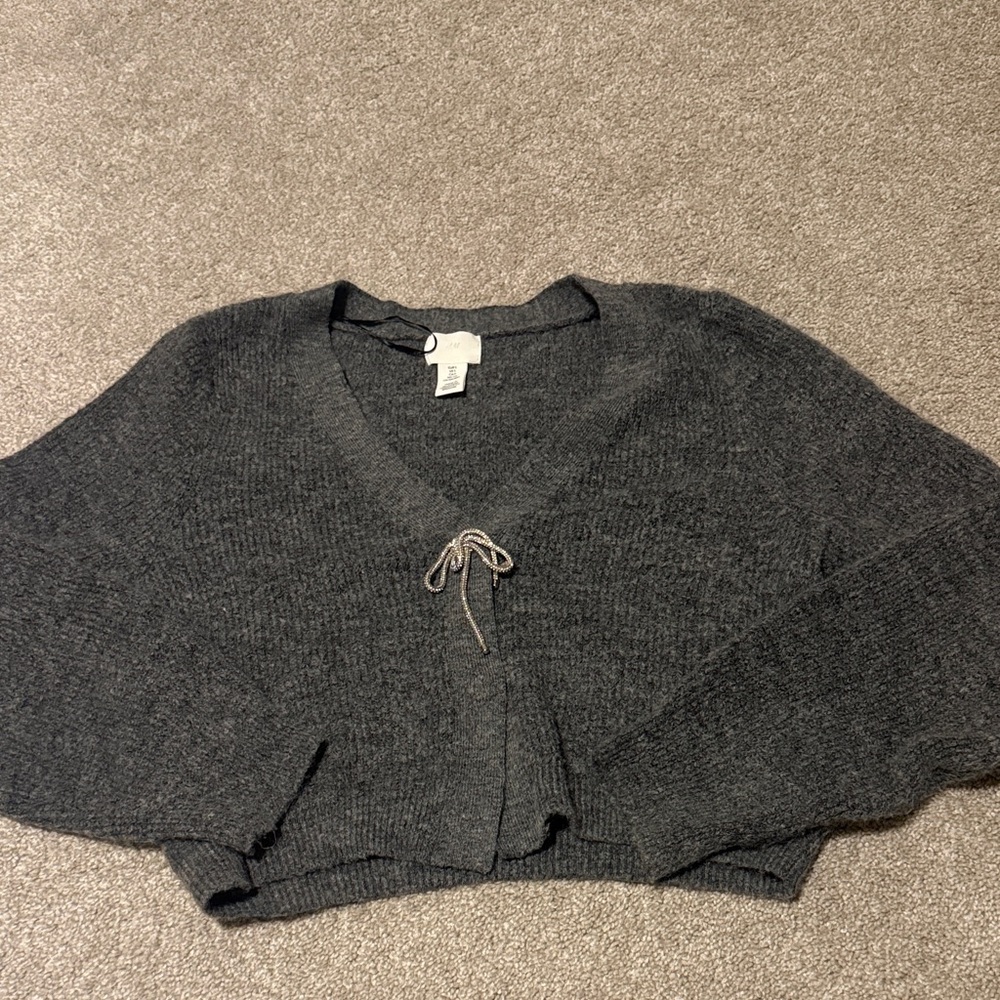 H&M Charcoal V-Neck Sweater with Bow Accent